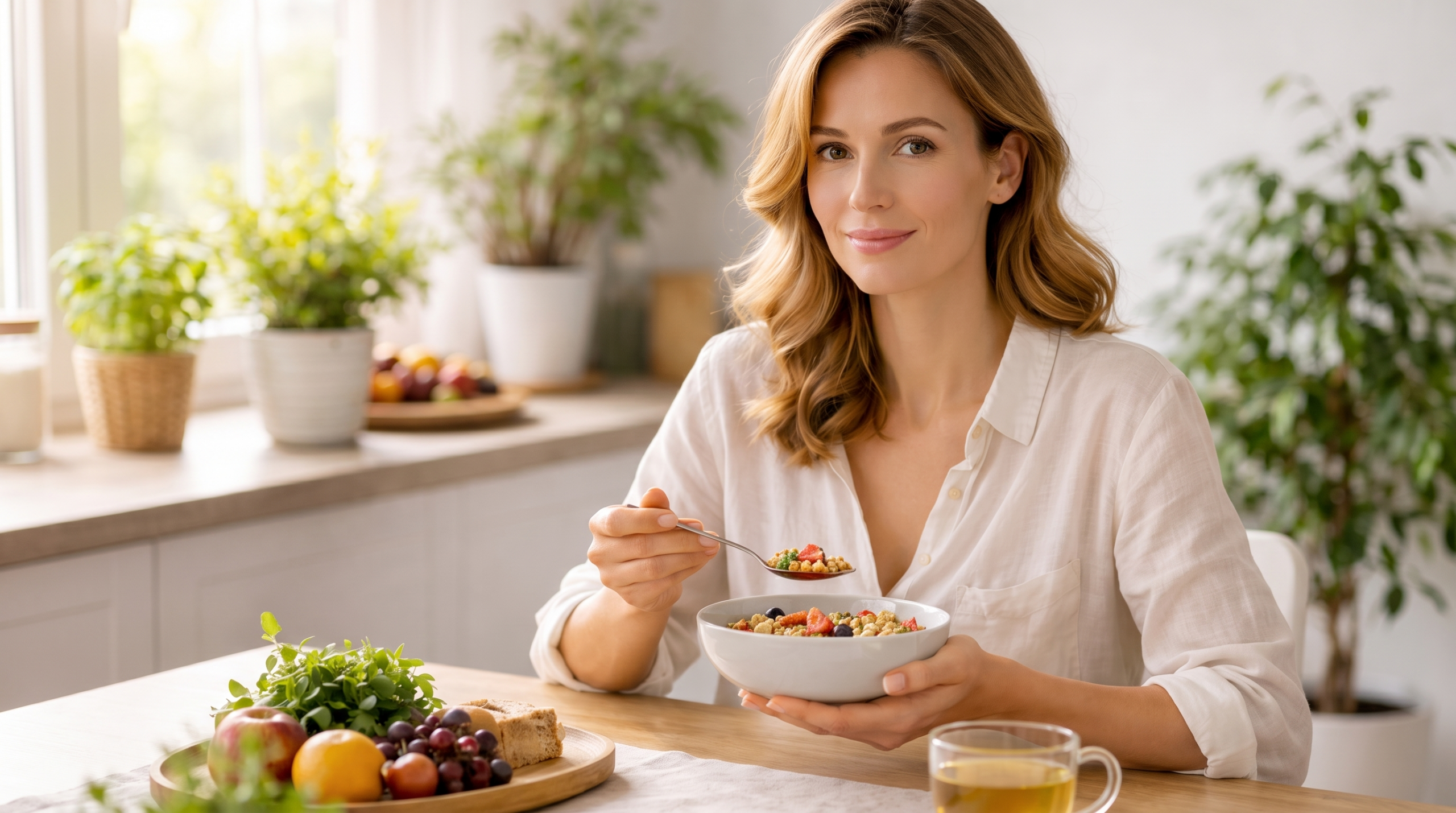 donna che fa colazione con una bowl in mano e un cucchiaio che guarda in camera e sorride, sta facendo colazione con prodotti naturali e biologici